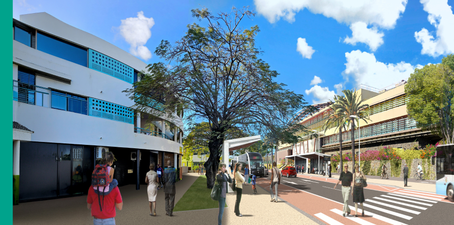 Rendu du futur arrêt BAOBAB avec piétons, bus et pistes cyclables